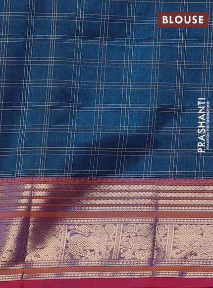 Kanchipuram silk cotton saree peacock blue and pink with allover thread checks & buttas and zari woven border