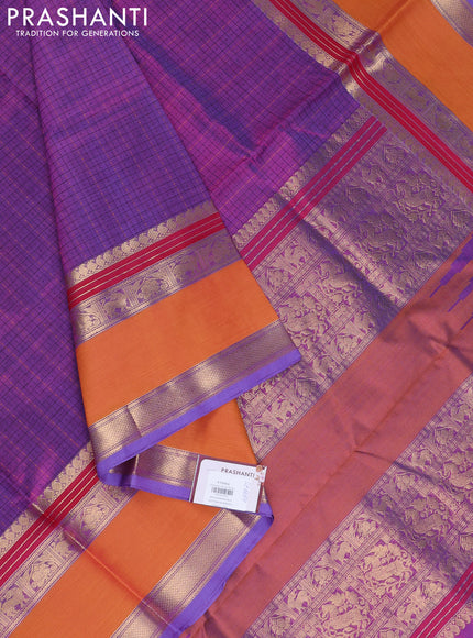 Kanchipuram silk cotton saree purple and mustard yellow with allover thread checks & buttas and rettapet zari woven border