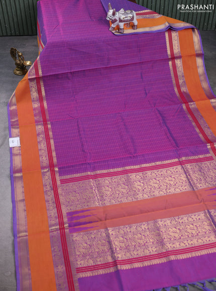 Kanchipuram silk cotton saree purple and mustard yellow with allover thread checks & buttas and rettapet zari woven border