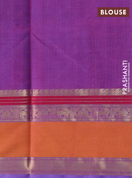 Kanchipuram silk cotton saree purple and mustard yellow with allover thread checks & buttas and rettapet zari woven border