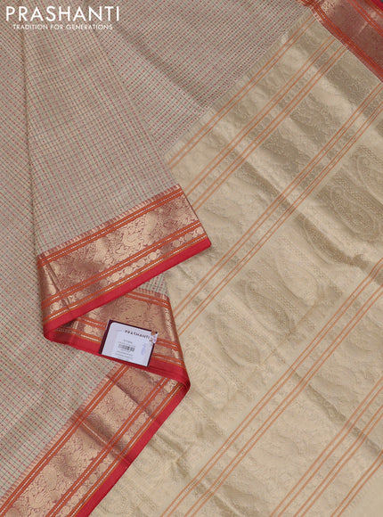 Kanchipuram silk cotton saree cream and red with allover thread checks & buttas and zari woven border