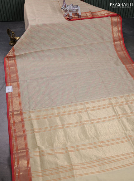 Kanchipuram silk cotton saree cream and red with allover thread checks & buttas and zari woven border