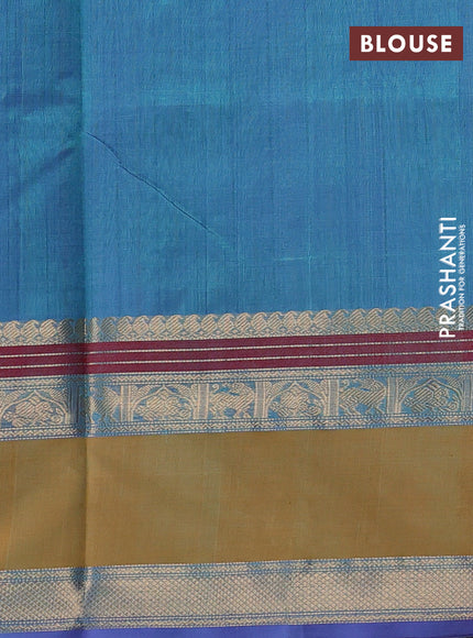 Kanchipuram silk cotton saree dual tone teal blue and mustard yellow with allover thread checks & buttas and rettapet zari woven border