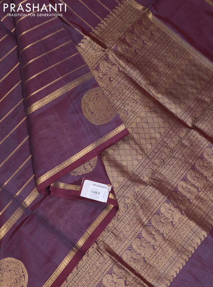 Kanchipuram silk cotton saree dual tone greyish maroon with allover veldhari weaves and rettapet zari woven butta border