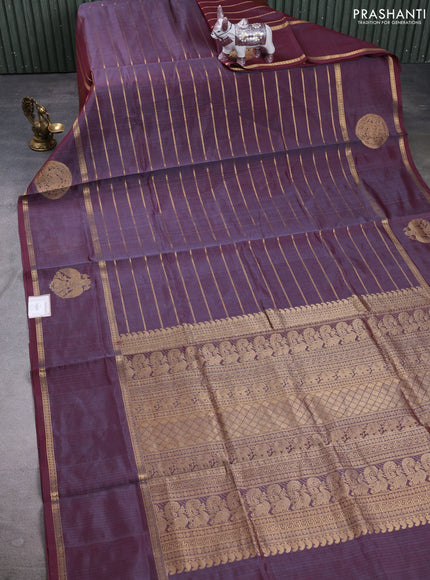 Kanchipuram silk cotton saree dual tone greyish maroon with allover veldhari weaves and rettapet zari woven butta border