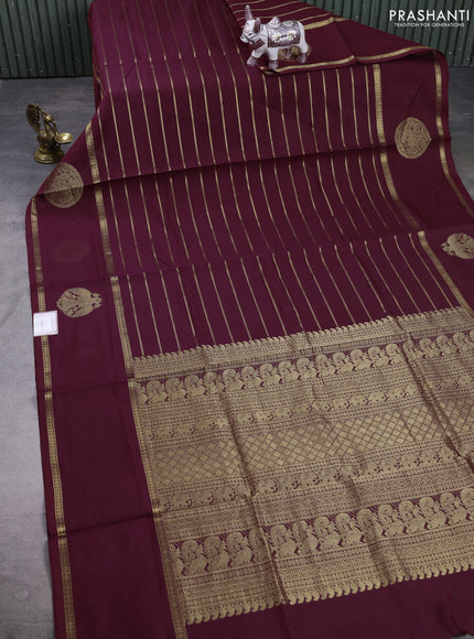 Kanchipuram silk cotton saree wine shade with allover veldhari weaves and rettapet zari woven butta border