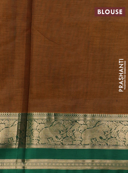 Kanchipuram silk cotton saree dark mustard and green with allover thread weaves and rettapet zari woven border