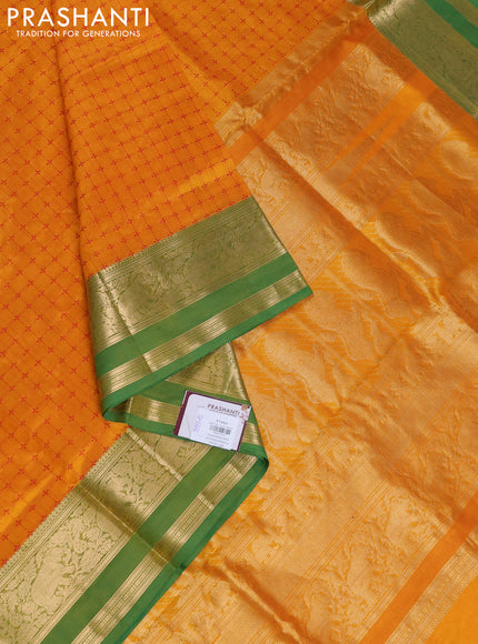 Kanchipuram silk cotton saree mango yellow and green with allover thread weaves and rettapet zari woven border
