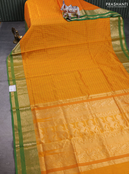 Kanchipuram silk cotton saree mango yellow and green with allover thread weaves and rettapet zari woven border