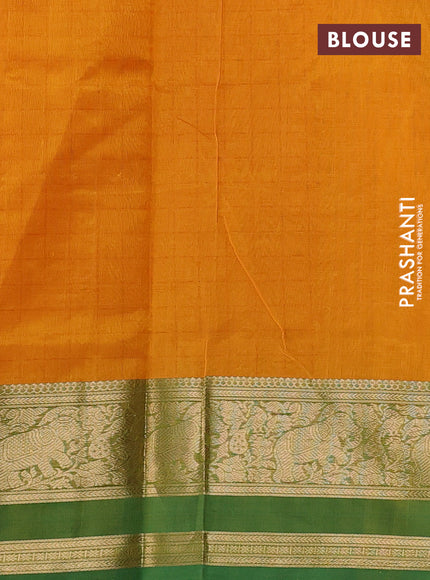 Kanchipuram silk cotton saree mango yellow and green with allover thread weaves and rettapet zari woven border