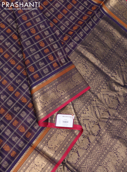 Kanchipuram silk cotton saree jamun shade and red with allover thread checks & buttas and zari woven border