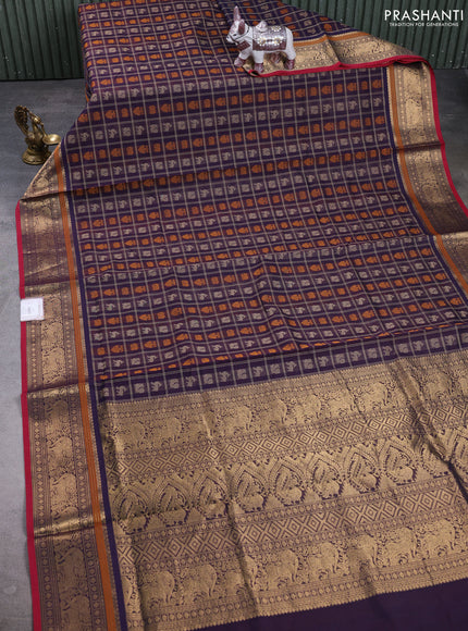 Kanchipuram silk cotton saree jamun shade and red with allover thread checks & buttas and zari woven border