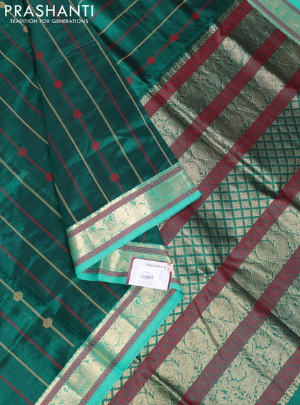 Kanchipuram silk cotton saree green and teal green with allover thread weaves and zari woven border