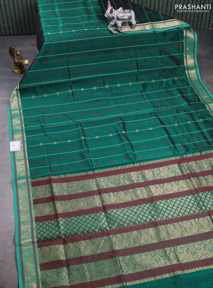 Kanchipuram silk cotton saree green and teal green with allover thread weaves and zari woven border