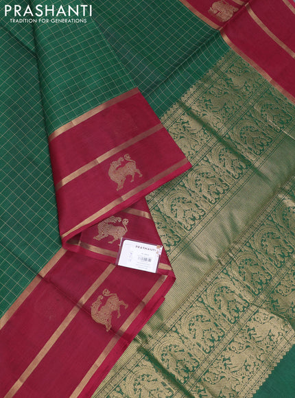 Kanchipuram silk cotton saree green and maroon with allover checked pattern and rettapet zari woven border