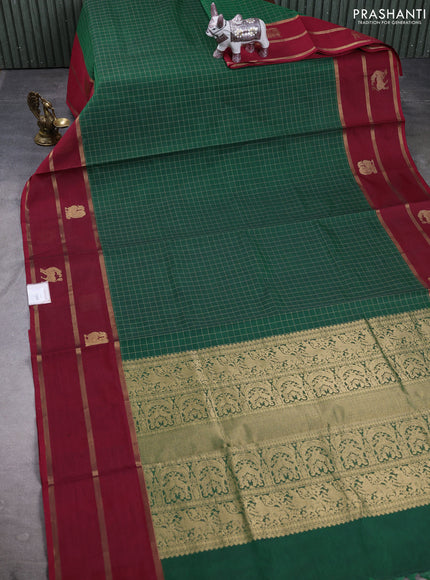 Kanchipuram silk cotton saree green and maroon with allover checked pattern and rettapet zari woven border