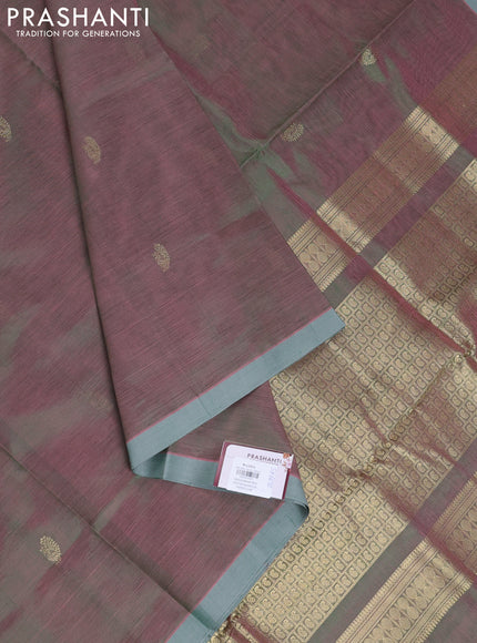 Kanchipuram silk cotton saree dual tone greenish pink and pastel green with zari woven buttas and piping border