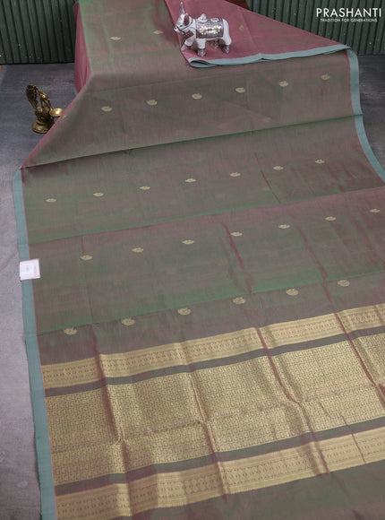 Kanchipuram silk cotton saree dual tone greenish pink and pastel green with zari woven buttas and piping border