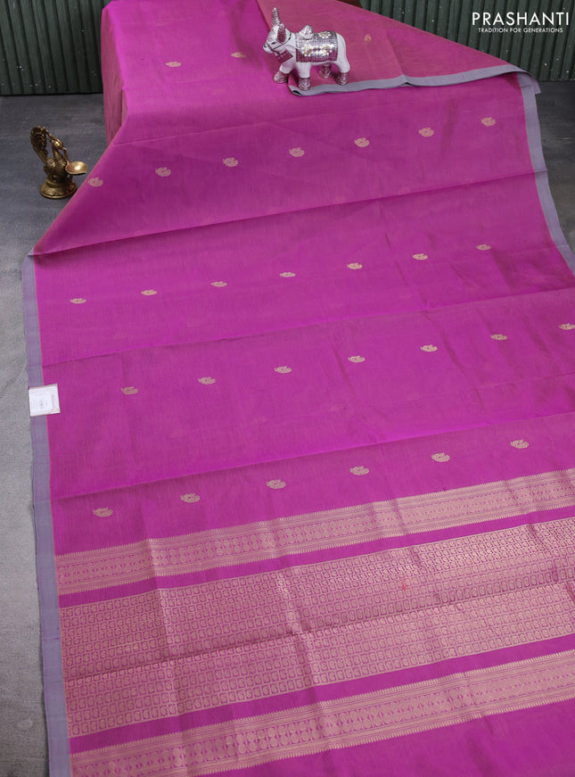 Kanchipuram silk cotton saree mild purple shade and grey with zari woven buttas and piping border