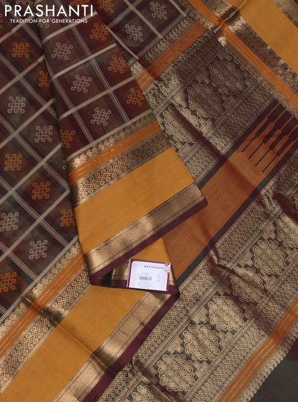 Kanchipuram silk cotton saree dual tone green and dark mustard with allover thread checks & rangoli buttas and rettapet zari woven border