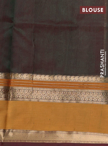 Kanchipuram silk cotton saree dual tone green and dark mustard with allover thread checks & rangoli buttas and rettapet zari woven border