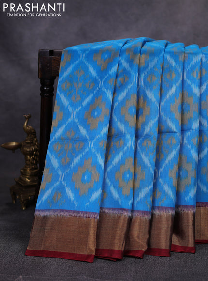 Ikat silk cotton saree cs blue and maroon with allover ikat weaves and zari woven border