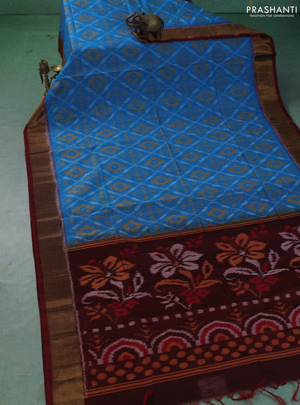 Ikat silk cotton saree cs blue and maroon with allover ikat weaves and zari woven border