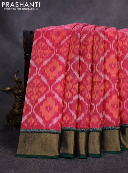 Ikat silk cotton saree peach orange and green with allover ikat weaves and zari woven border