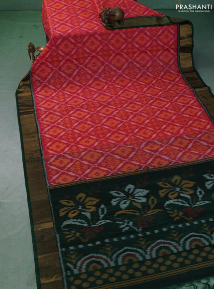 Ikat silk cotton saree peach orange and green with allover ikat weaves and zari woven border