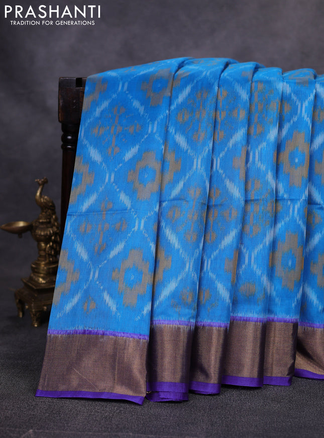 Ikat silk cotton saree cs blue and blue with allover ikat weaves and zari woven border