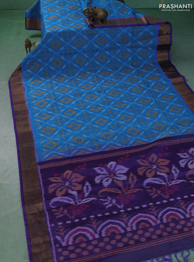 Ikat silk cotton saree cs blue and blue with allover ikat weaves and zari woven border
