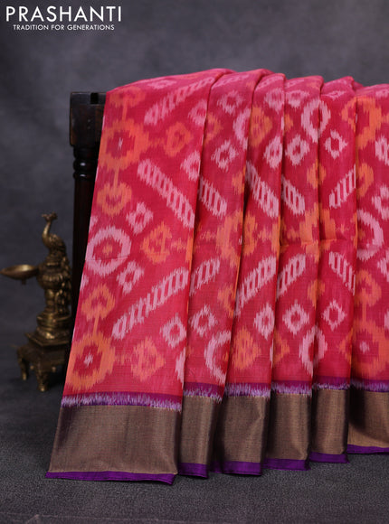Ikat silk cotton saree peach orange and purple with allover ikat weaves and zari woven border