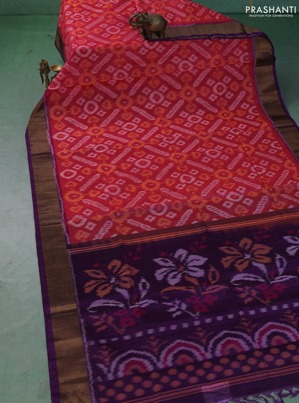 Ikat silk cotton saree peach orange and purple with allover ikat weaves and zari woven border
