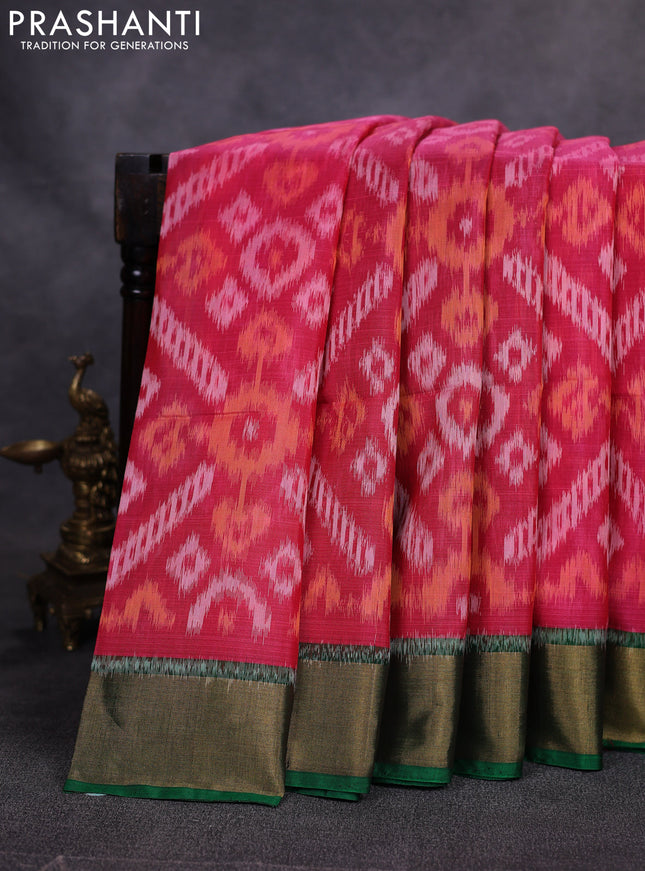 Ikat silk cotton saree pink and green with allover ikat weaves and zari woven border