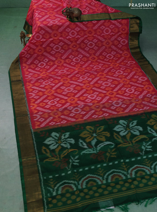 Ikat silk cotton saree pink and green with allover ikat weaves and zari woven border