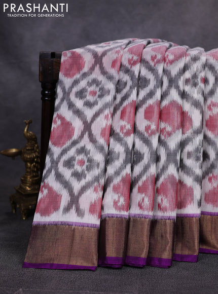 Ikat silk cotton saree off white and purple with allover ikat weaves and zari woven border
