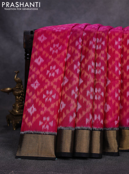 Ikat silk cotton saree pink and black with allover ikat weaves and zari woven border