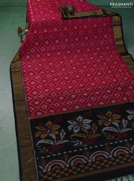 Ikat silk cotton saree pink and black with allover ikat weaves and zari woven border