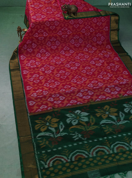 Ikat silk cotton saree pink and green with allover ikat weaves and zari woven border