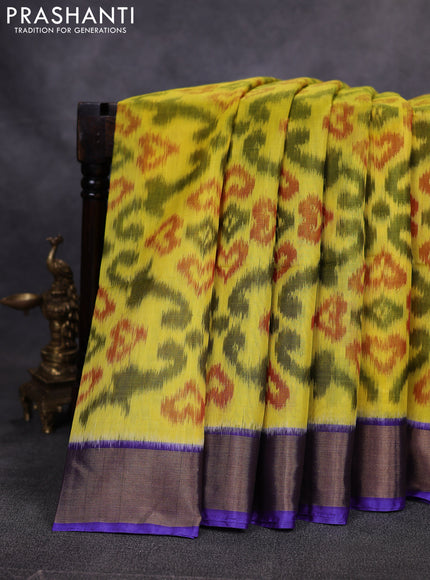 Ikat silk cotton saree lime yellow and blue with allover ikat weaves and zari woven border