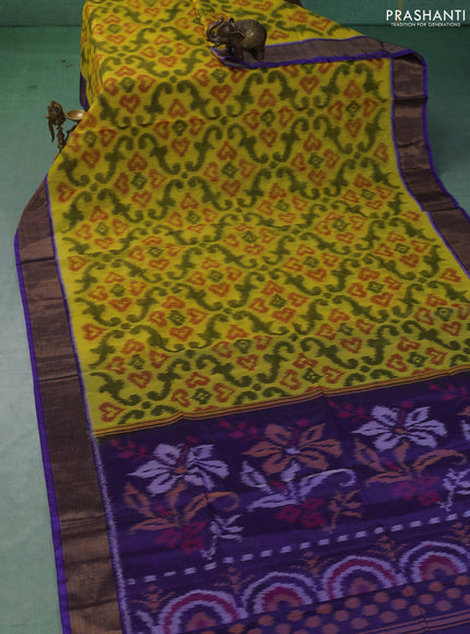 Ikat silk cotton saree lime yellow and blue with allover ikat weaves and zari woven border