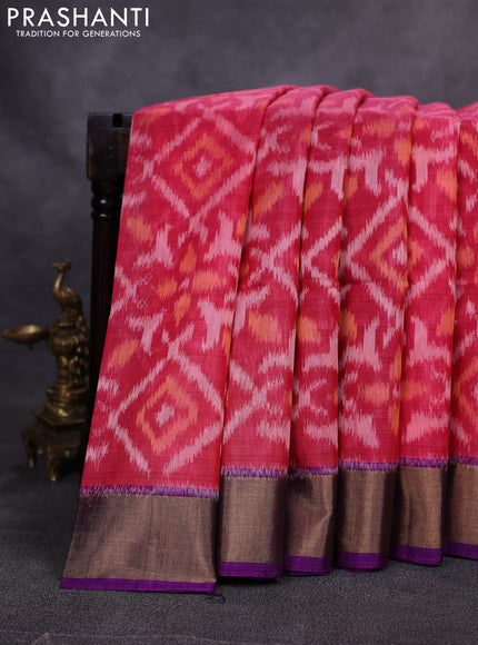Ikat silk cotton saree pink and violet with allover ikat weaves and zari woven border
