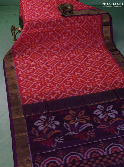 Ikat silk cotton saree pink and violet with allover ikat weaves and zari woven border