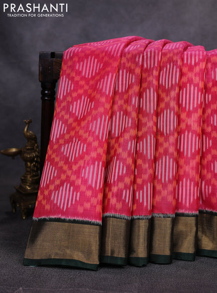 Ikat silk cotton saree pink and dark green with allover ikat weaves and zari woven border
