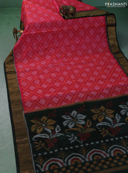 Ikat silk cotton saree pink and dark green with allover ikat weaves and zari woven border