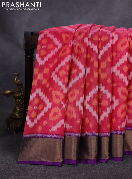 Ikat silk cotton saree pink and violet with allover ikat weaves and zari woven border