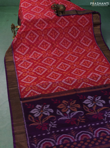Ikat silk cotton saree pink and violet with allover ikat weaves and zari woven border