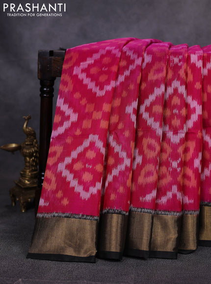 Ikat silk cotton saree pink and black with allover ikat weaves and zari woven border