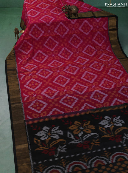 Ikat silk cotton saree pink and black with allover ikat weaves and zari woven border