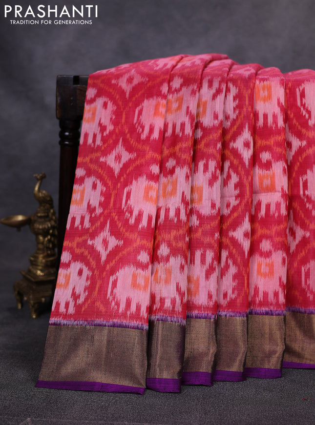 Ikat silk cotton saree peach orange and violet with allover ikat weaves and zari woven border